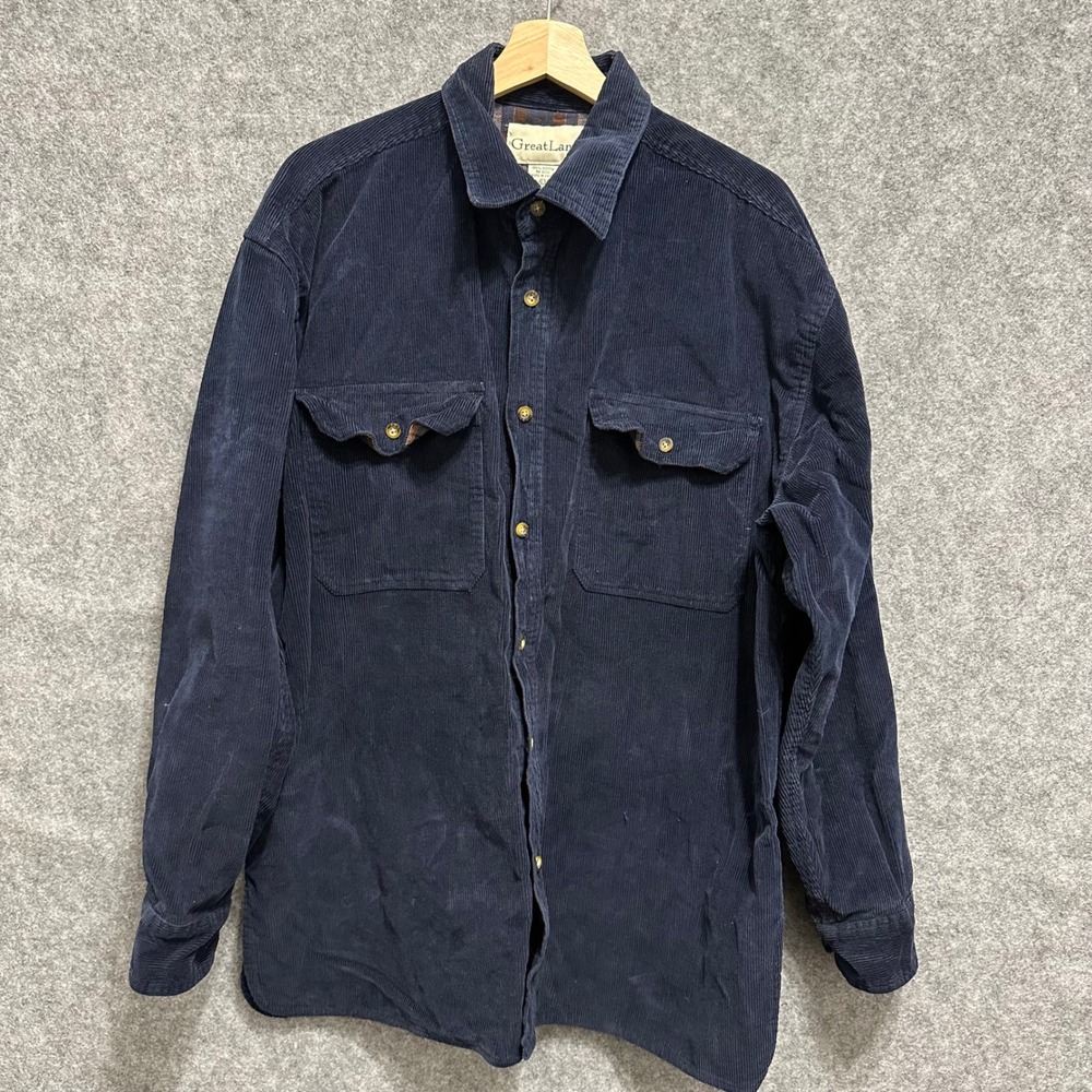 GreatLand Corduroy Shirt Mens Large Navy‎ Blue Plaid Lined Long Sleeve Button Up